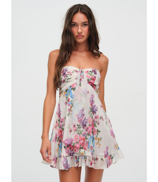 Vestido mini sin tirantes con flores para invitada de boda para mujer