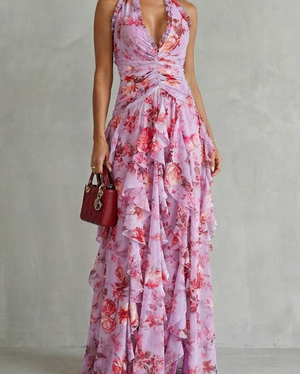 Pink floral halter maxi dress with ruched waist and layered ruffle skirt, front view