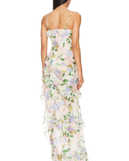 Back view of a floral maxi dress with spaghetti straps and a flowing layered skirt
