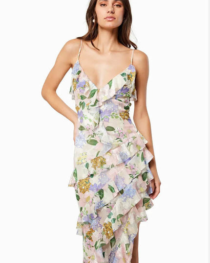 Front view of a pastel floral V neck maxi dress with ruffled tiers and straps
