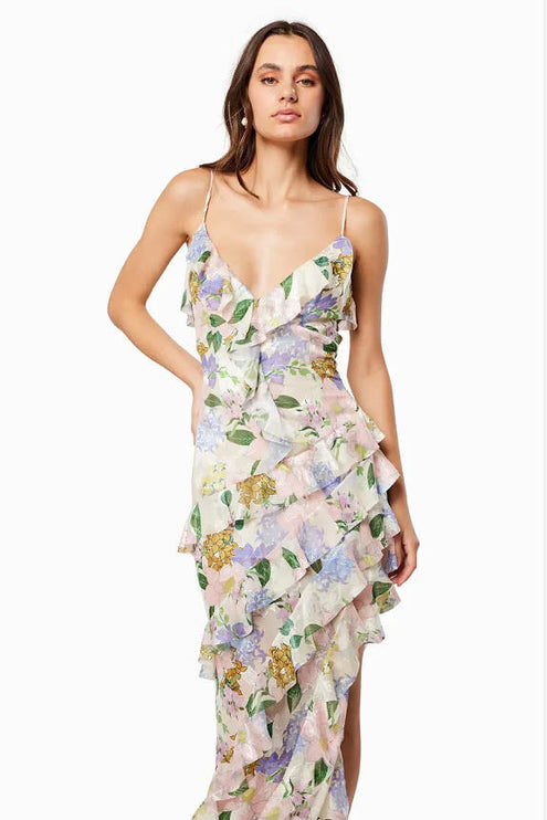 Front view of a pastel floral V neck maxi dress with ruffled tiers and straps