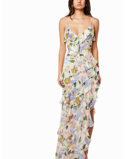 Floral V neck maxi dress with spaghetti straps and layered ruffles in pastel pink and lavender
