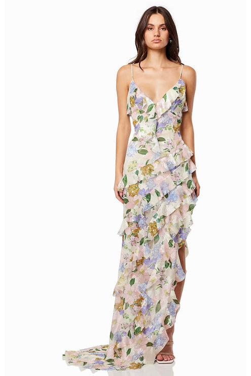 Floral V neck maxi dress with spaghetti straps and layered ruffles in pastel pink and lavender