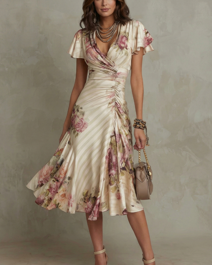 Women's wedding guest floral V neck midi dress with wrap bodice and flared skirt