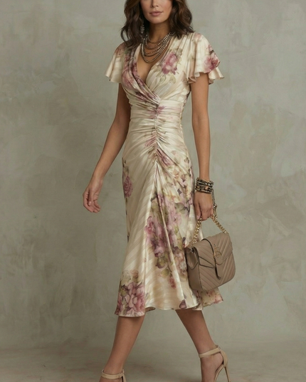 Side view of cream floral midi dress with V neck, flutter sleeves, and heels