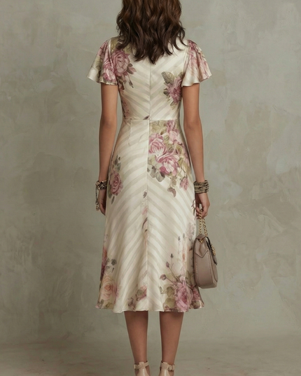 Back view of floral midi dress with short flutter sleeves and fitted waist
