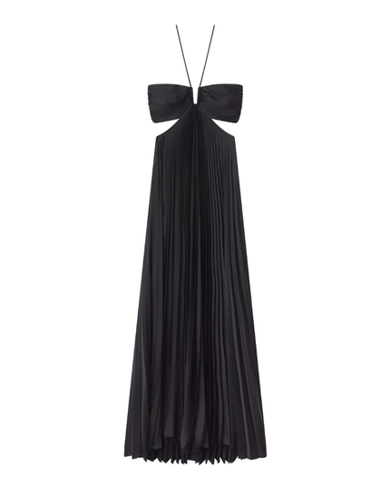 Black halter maxi pleated dress laid flat showing full length pleated skirt and cutout bodice