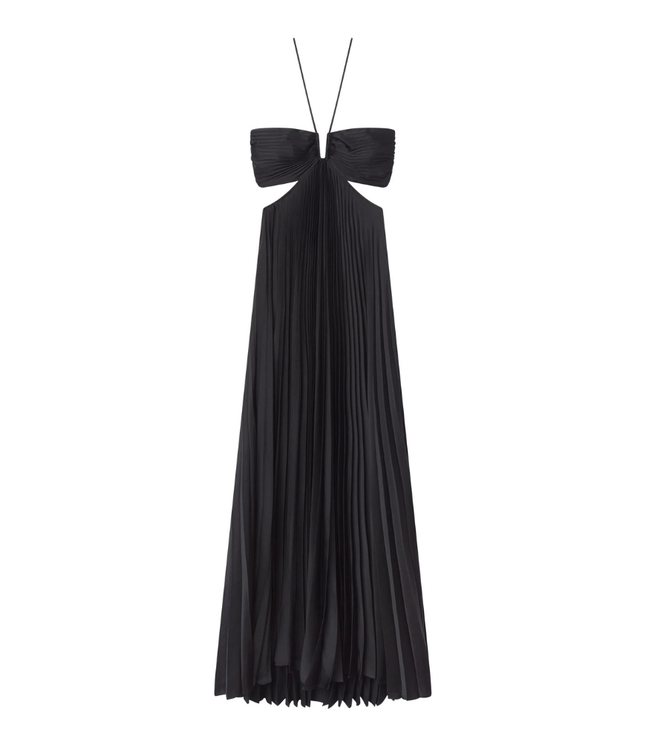 Black halter maxi pleated dress laid flat showing full length pleated skirt and cutout bodice