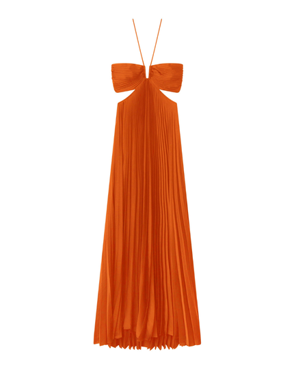 Orange halter maxi pleated dress laid flat on white background, showing cutout bodice and long skirt