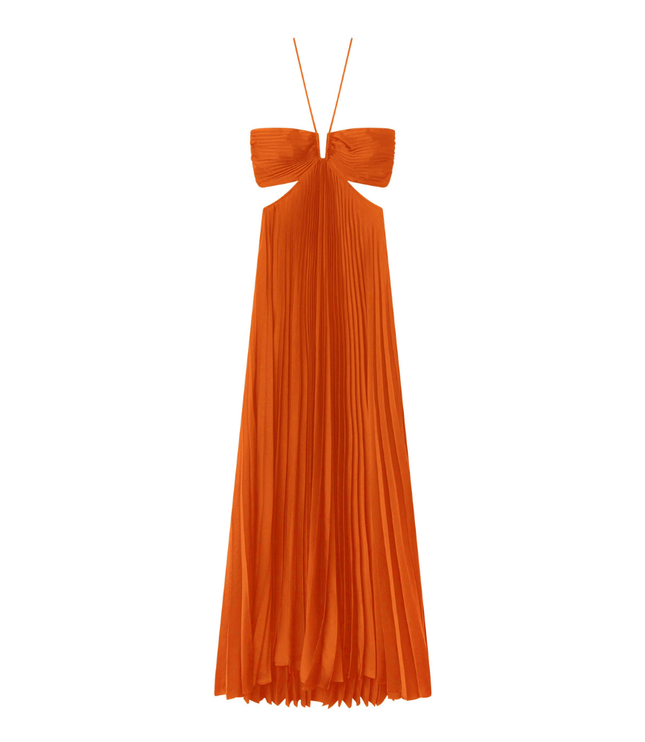 Orange halter maxi pleated dress laid flat on white background, showing cutout bodice and long skirt