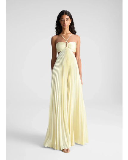 Pale yellow halter maxi pleated dress with ruched bandeau top and side cutouts, front view
