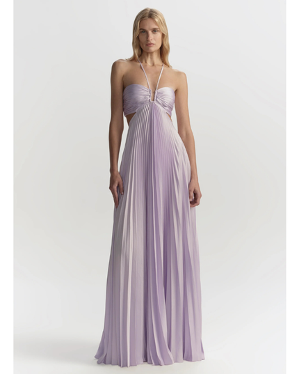 Lavender halter maxi pleated dress with ruched bandeau bodice and side cutouts, front view
