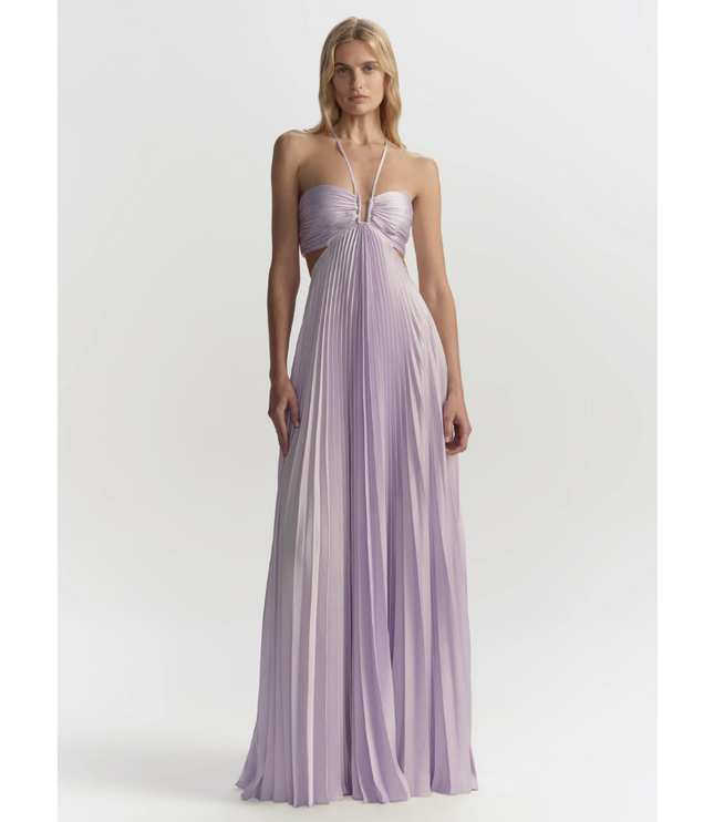 Lavender halter maxi pleated dress with ruched bandeau bodice and side cutouts, front view