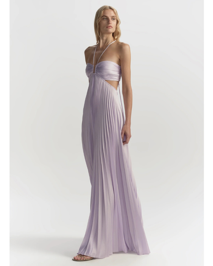 Lavender wedding guest halter maxi pleated dress shown at angle, highlighting pleated skirt drape