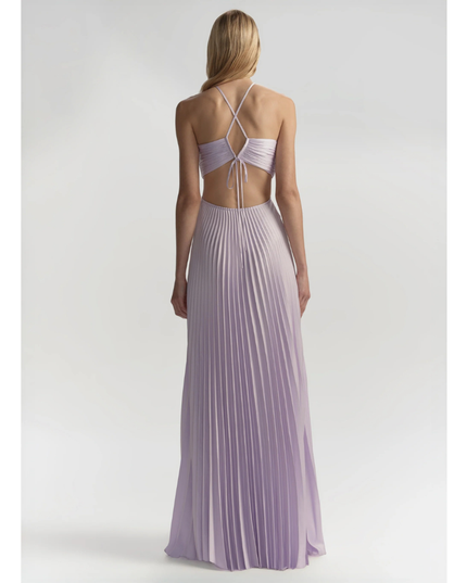 Back view of lavender halter maxi pleated dress with crisscross straps and tie back detail