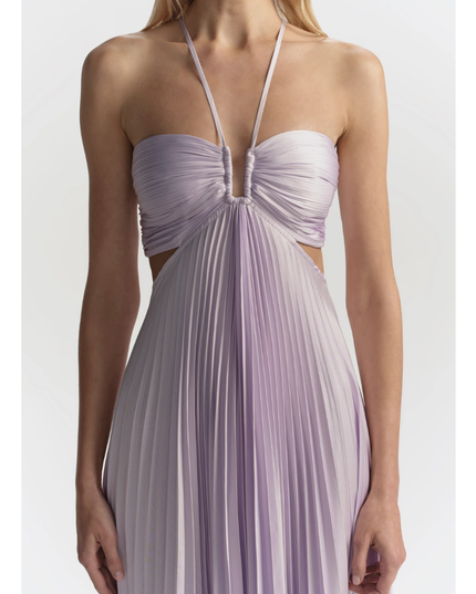 Lavender halter maxi pleated dress close-up with ruched bandeau bodice and front cutouts
