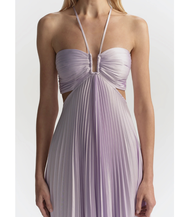 Lavender halter maxi pleated dress close-up with ruched bandeau bodice and front cutouts