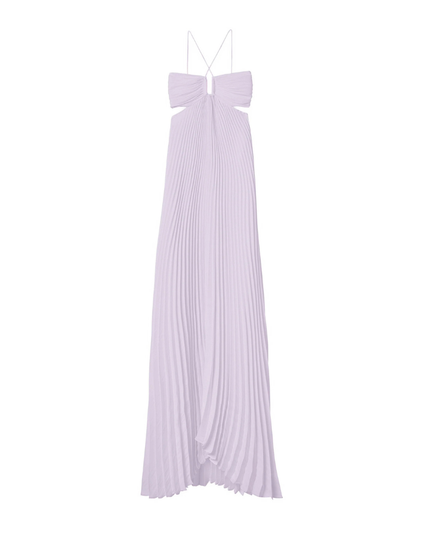 Lavender pleated halter maxi dress flat lay showing bandeau top, cross straps, and long skirt