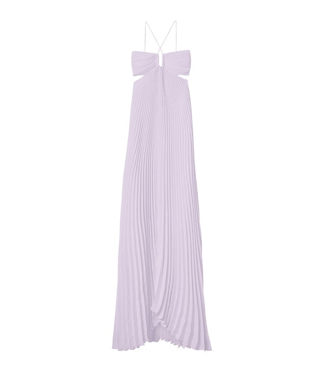 Lavender pleated halter maxi dress flat lay showing bandeau top, cross straps, and long skirt