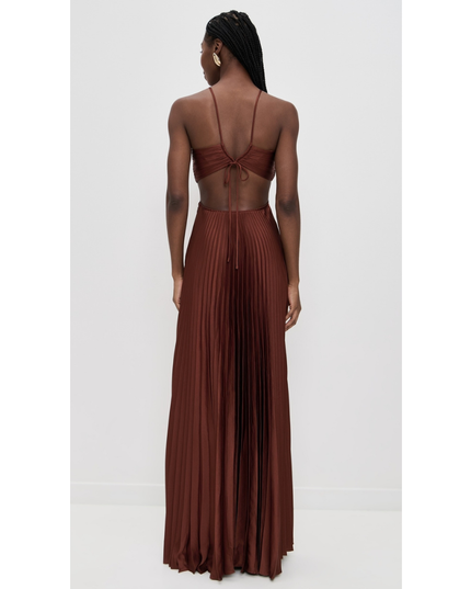 Back view rust brown halter maxi pleated dress with open back, tie detail, and pleated skirt