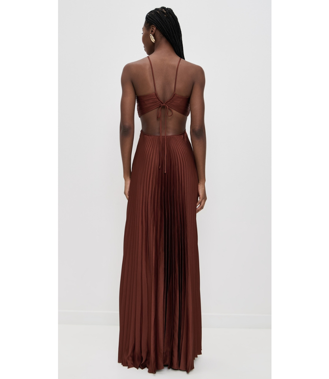 Back view rust brown halter maxi pleated dress with open back, tie detail, and pleated skirt