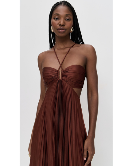Rust brown halter maxi pleated dress three-quarter view highlighting ruched bandeau and pleated skirt