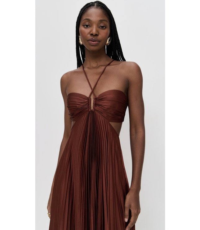 Rust brown halter maxi pleated dress three-quarter view highlighting ruched bandeau and pleated skirt
