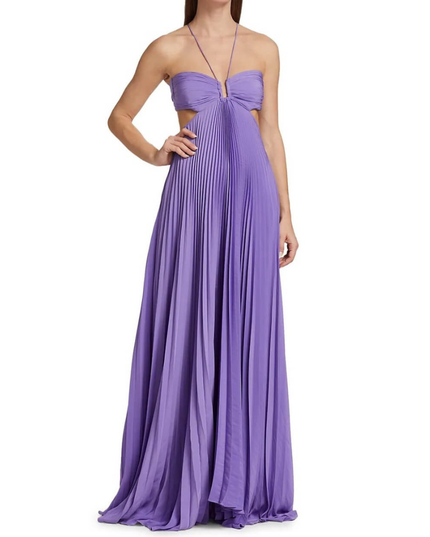 Front view purple wedding guest halter maxi pleated dress with ruched bandeau top and floor-length hem