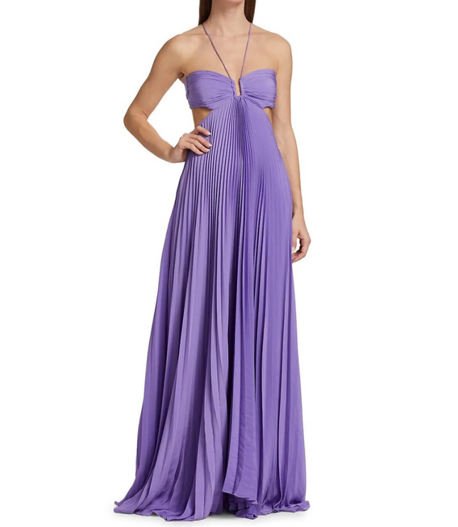 Front view purple wedding guest halter maxi pleated dress with ruched bandeau top and floor-length hem