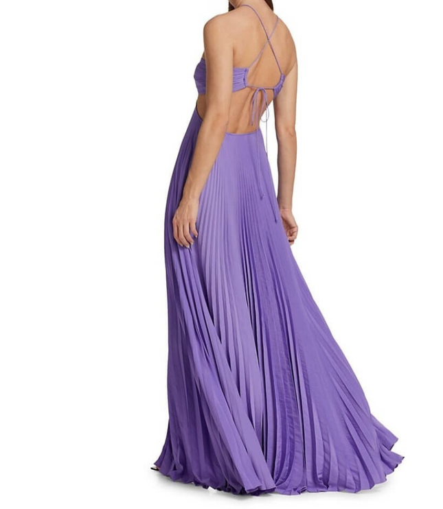 Back angled view purple halter maxi pleated dress with open back, crisscross straps, and tie closure