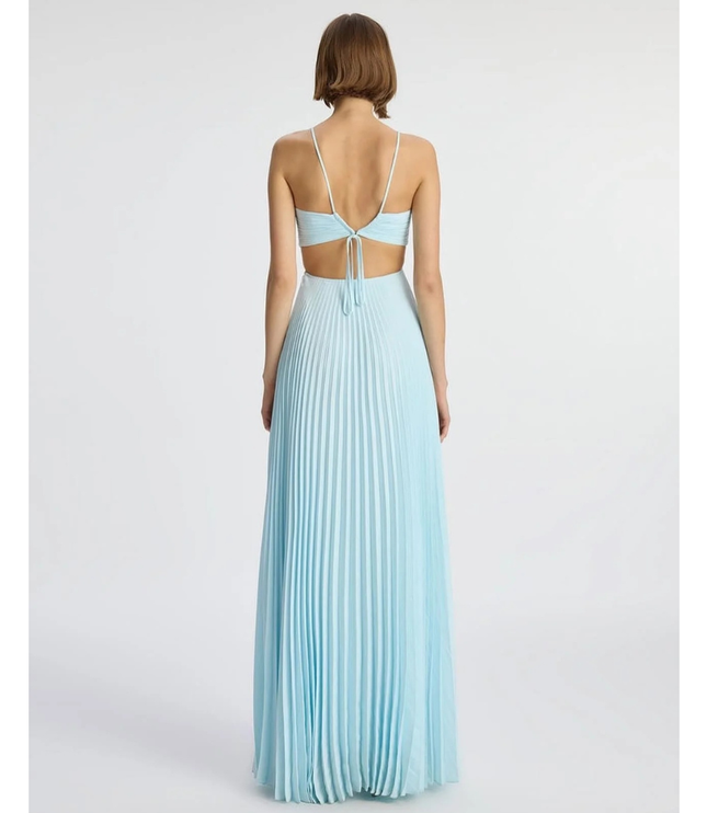 Back view of light blue halter maxi pleated dress with open back and tie detail