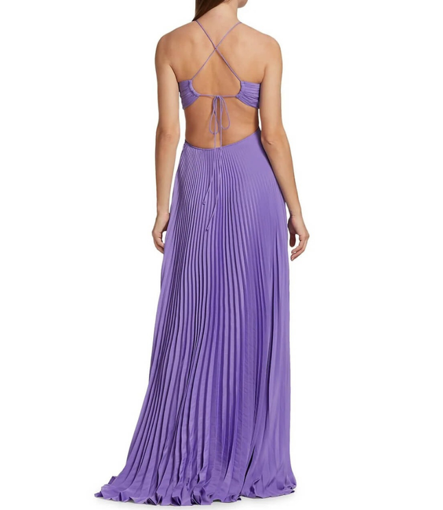Back view purple halter maxi pleated dress showing crisscross straps, open back, and long pleated skirt