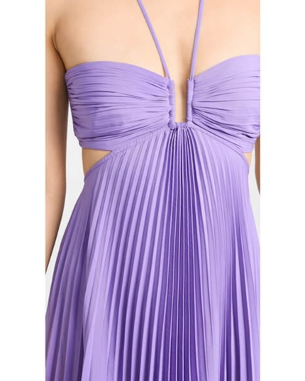 Lavender halter maxi pleated dress close-up with ruched bandeau bodice and front keyhole