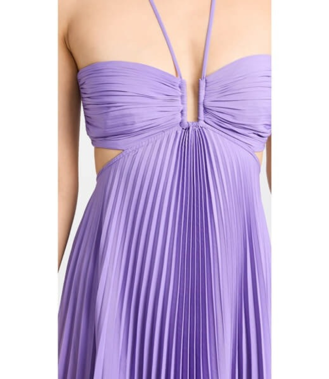 Lavender halter maxi pleated dress close-up with ruched bandeau bodice and front keyhole
