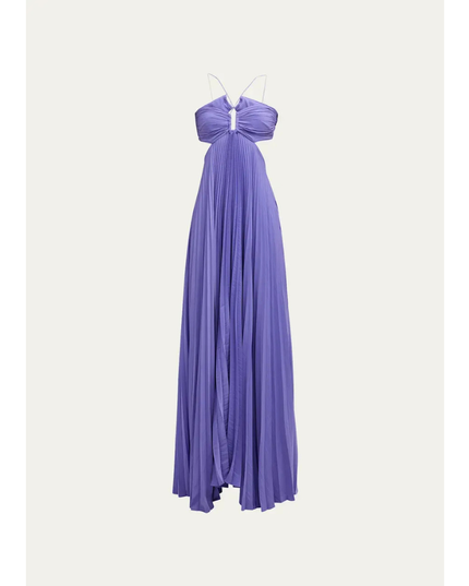 Lavender women's wedding guest halter maxi pleated dress, full length front view on white