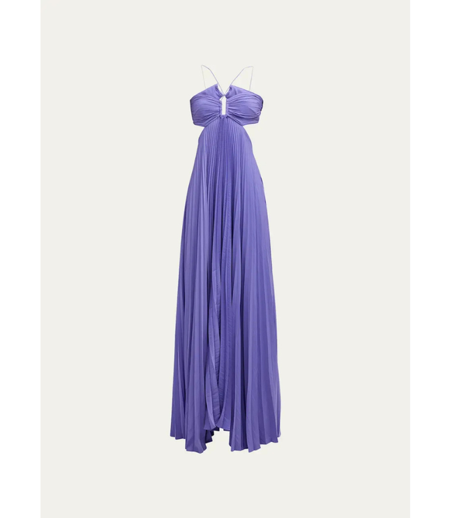 Lavender women's wedding guest halter maxi pleated dress, full length front view on white