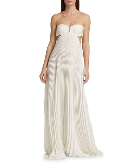 Ivory women's wedding guest halter maxi pleated dress front view with ruched bodice and cutouts