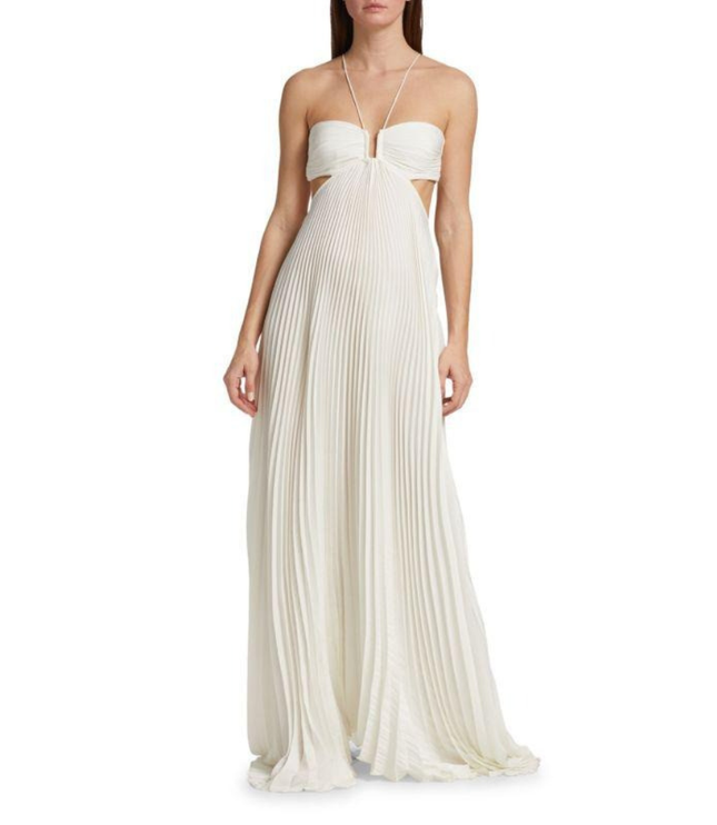 Ivory women's wedding guest halter maxi pleated dress front view with ruched bodice and cutouts