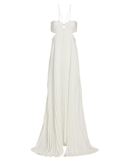 Ivory halter maxi pleated dress product-only shot, full length with draped pleated skirt
