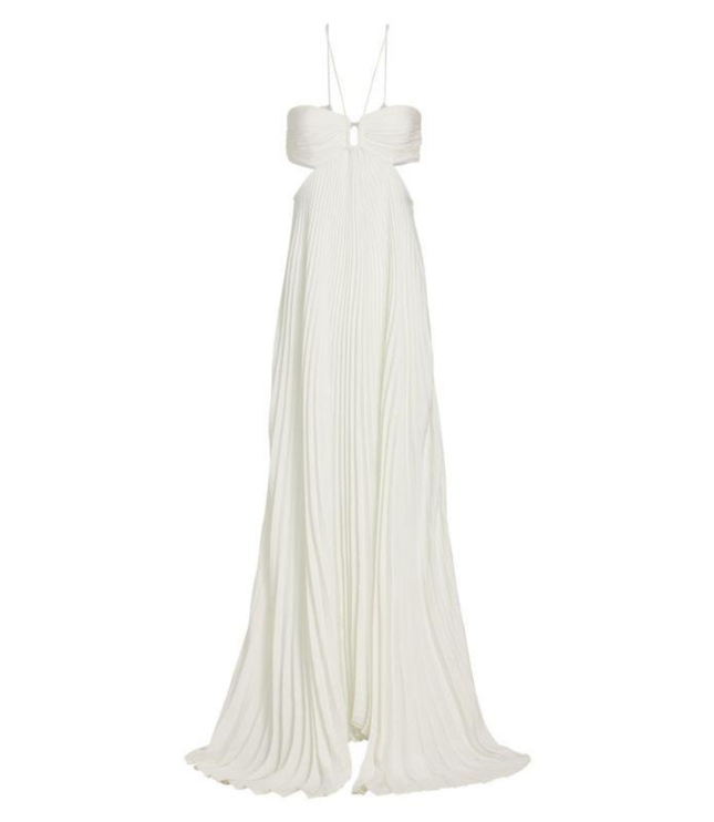 Ivory halter maxi pleated dress product-only shot, full length with draped pleated skirt