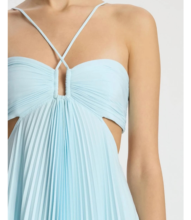 Close-up of light blue halter neckline with ruched bust, keyhole cutout, and pleated fabric