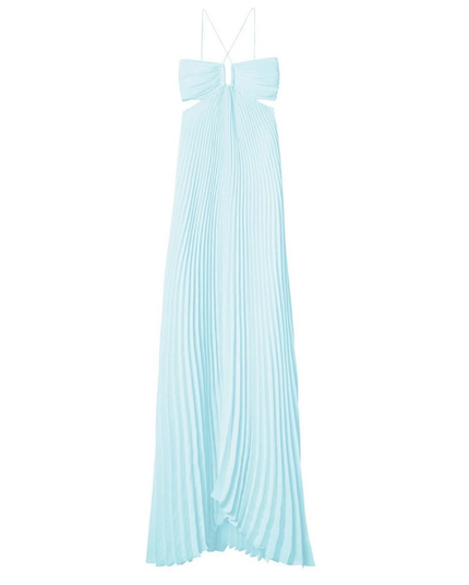 Light blue halter maxi pleated dress laid flat showing full length skirt and cutout bodice