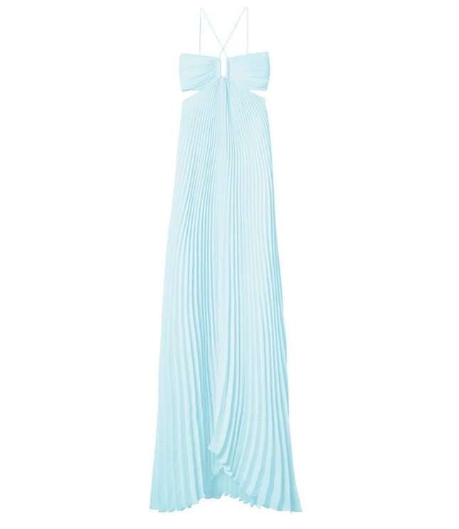 Light blue halter maxi pleated dress laid flat showing full length skirt and cutout bodice
