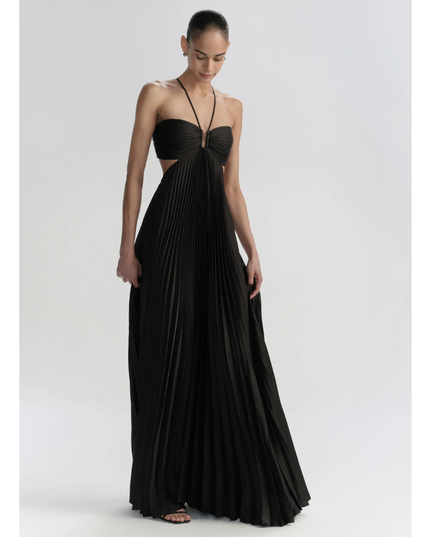 Black wedding guest halter maxi pleated dress front view with pleated skirt and keyhole neckline