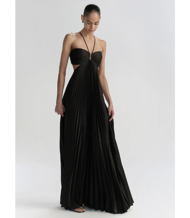 Black wedding guest halter maxi pleated dress front view with pleated skirt and keyhole neckline
