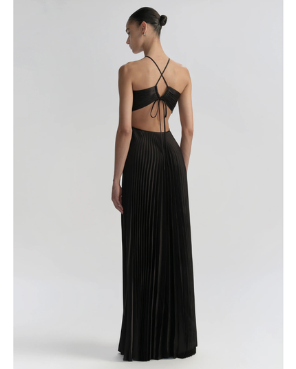 Back view of black halter maxi pleated dress with crisscross straps and open back tie