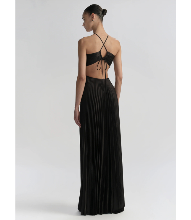 Back view of black halter maxi pleated dress with crisscross straps and open back tie