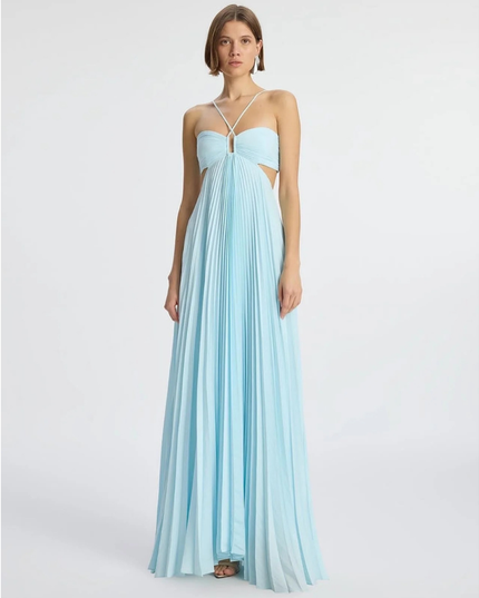 Light blue halter maxi pleated dress with cutout waist and keyhole bust, front view