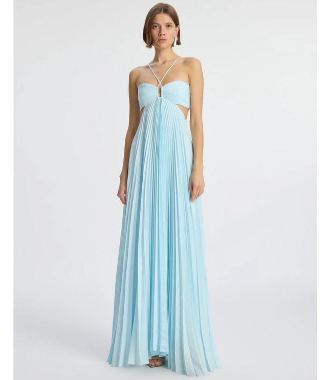 Light blue halter maxi pleated dress with cutout waist and keyhole bust, front view