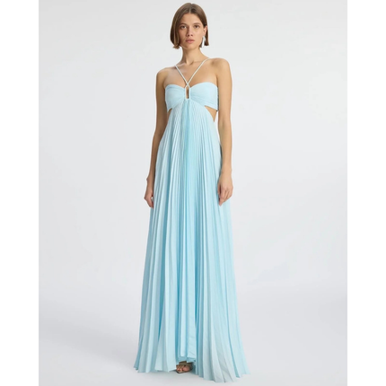 Light blue halter maxi pleated dress with cutout waist and keyhole bust, front view